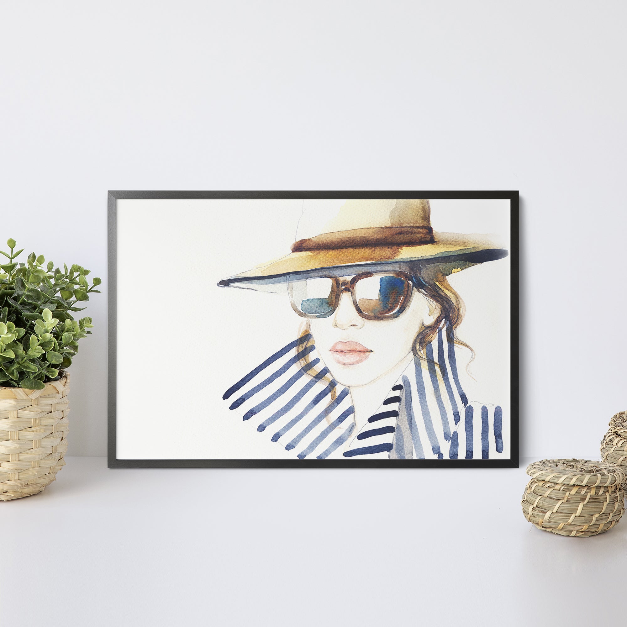 Foto obraz w ramie - Akwarela, kobieta w kapeluszu (portret) - Gallart.pl