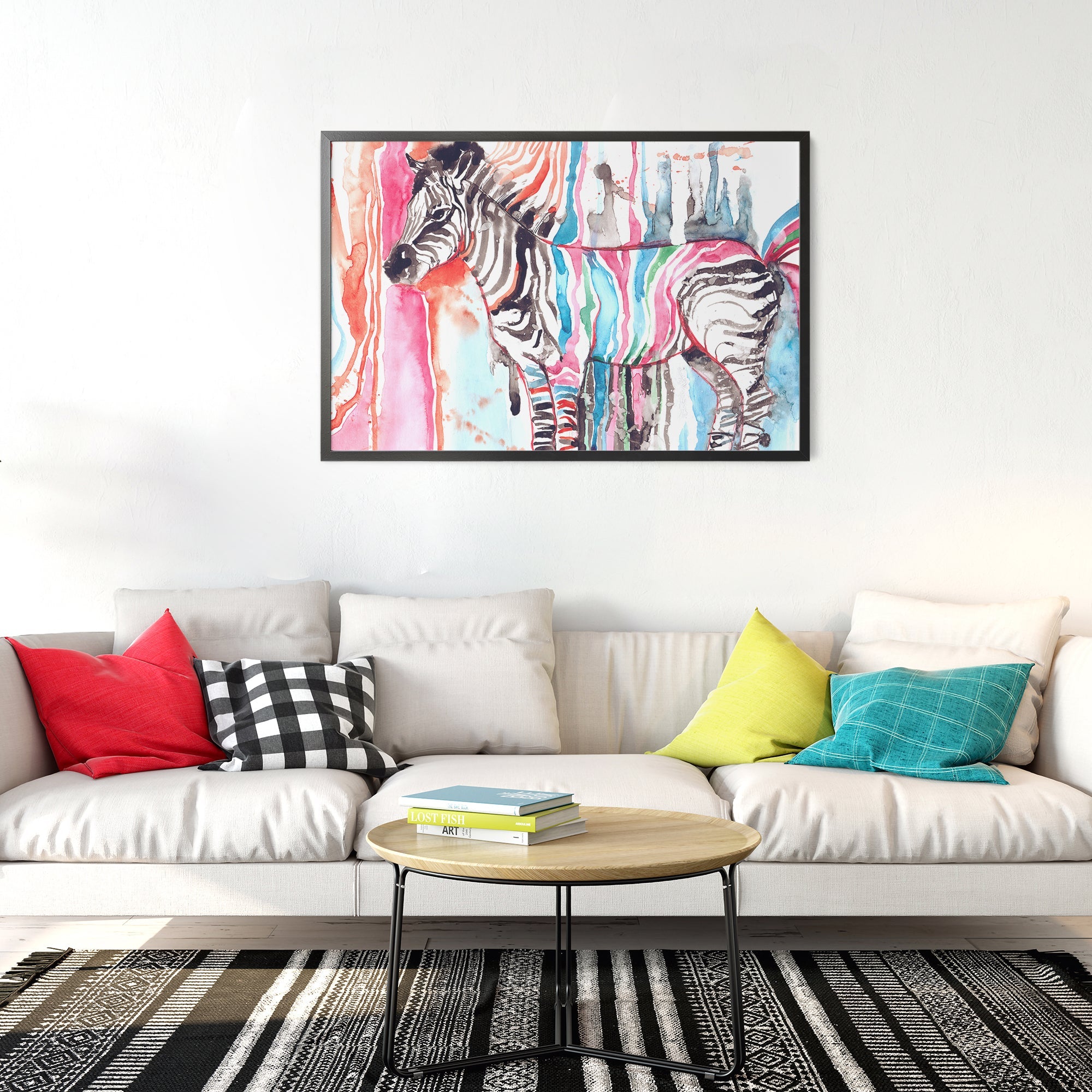 Foto obraz w ramie - Akwarela, kolorowa zebra (kolorowy) - Gallart.pl