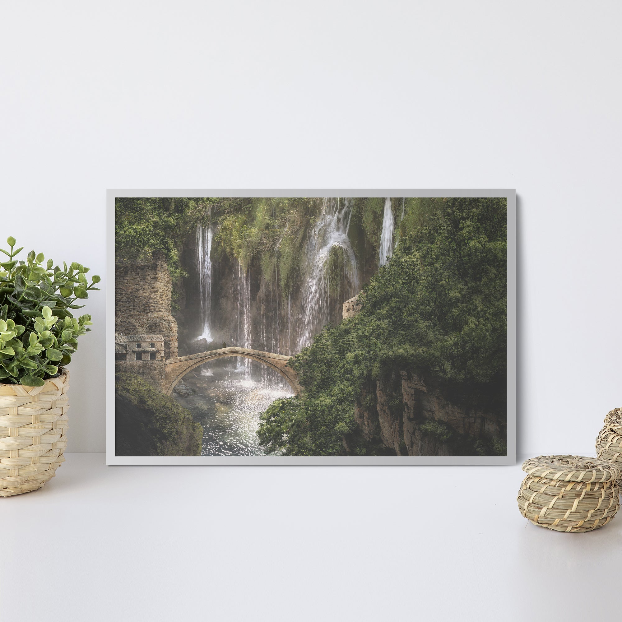 Foto obraz w ramie - Widok, most i wodospady (stonowany) - Gallart.pl