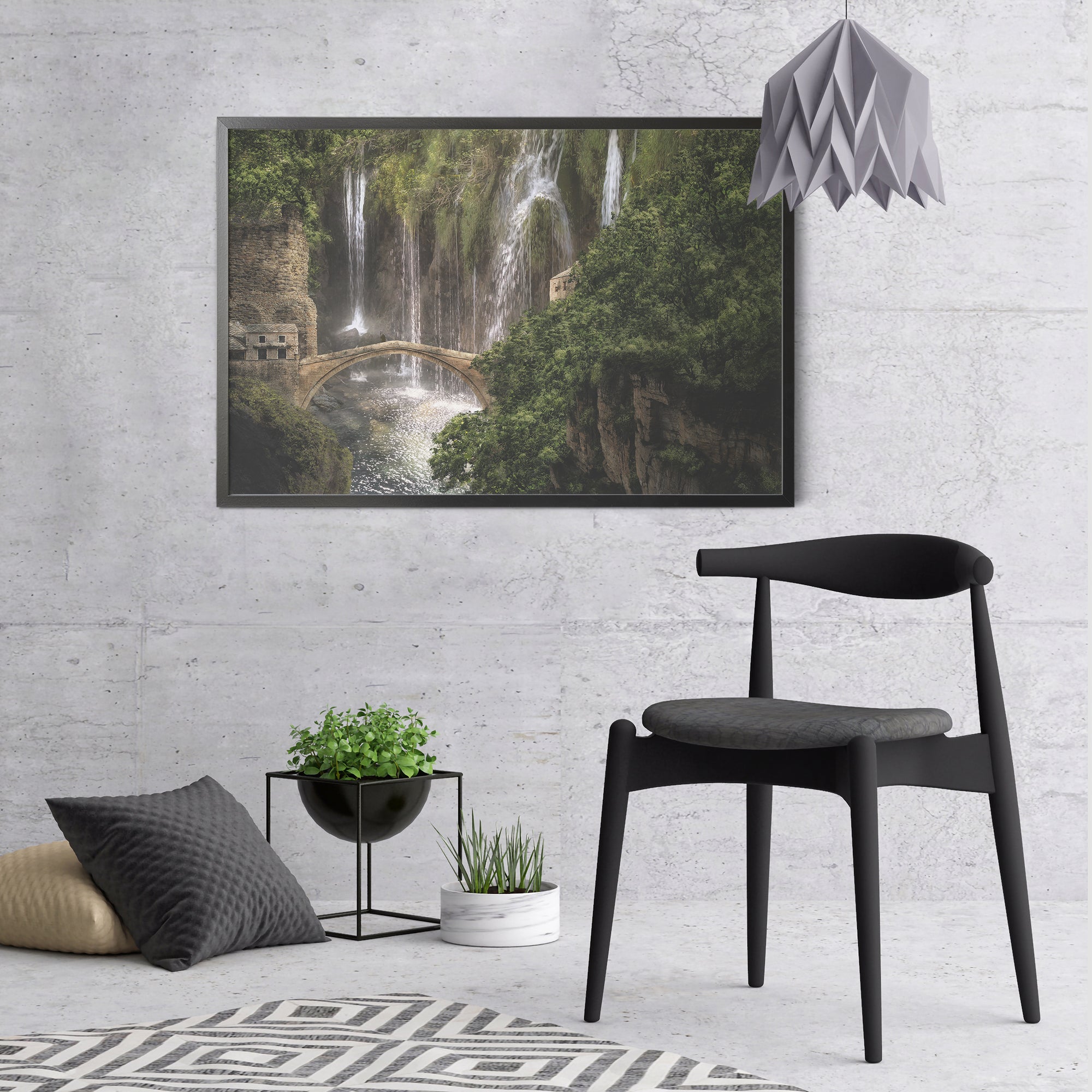 Foto obraz w ramie - Widok, most i wodospady (stonowany) - Gallart.pl