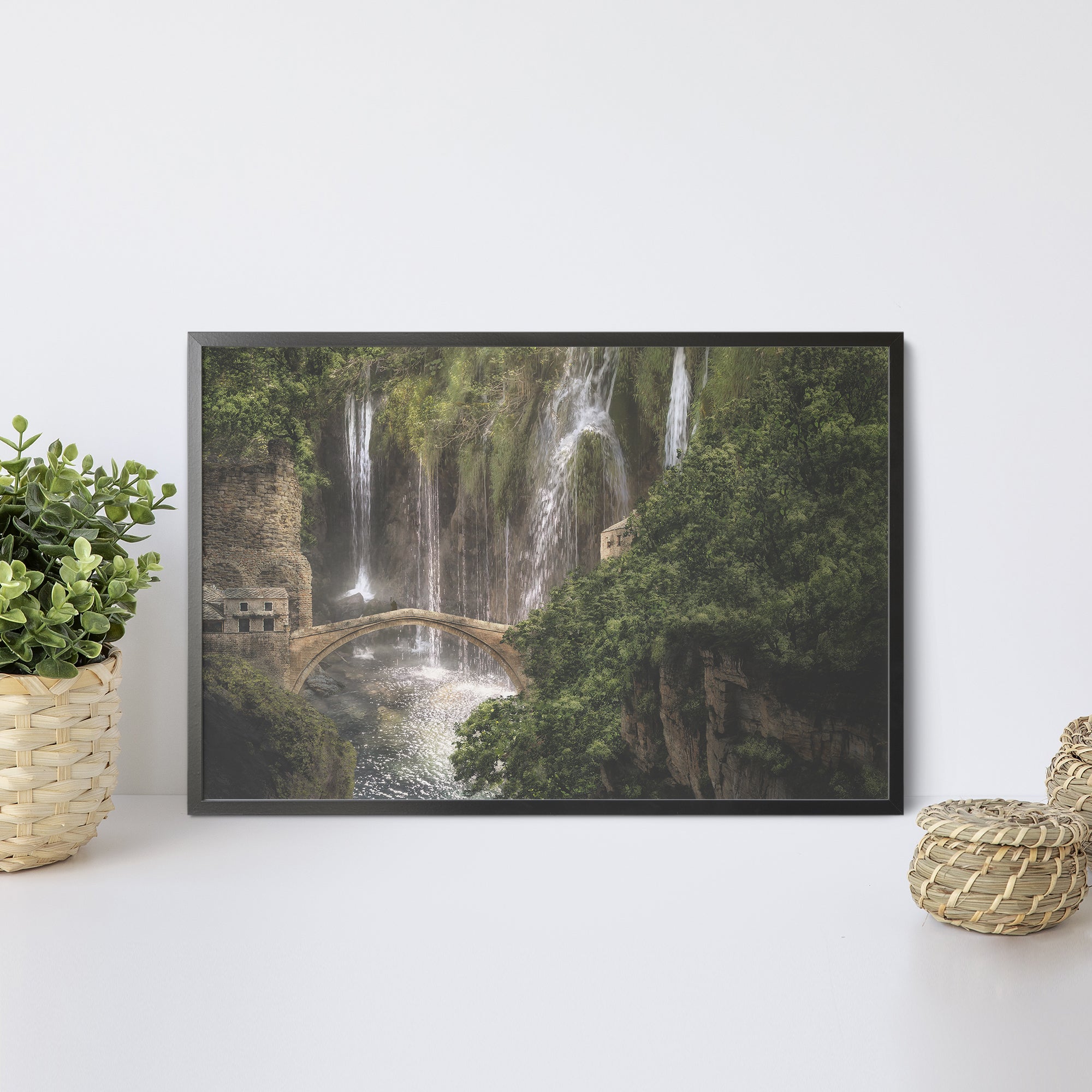Foto obraz w ramie - Widok, most i wodospady (stonowany) - Gallart.pl