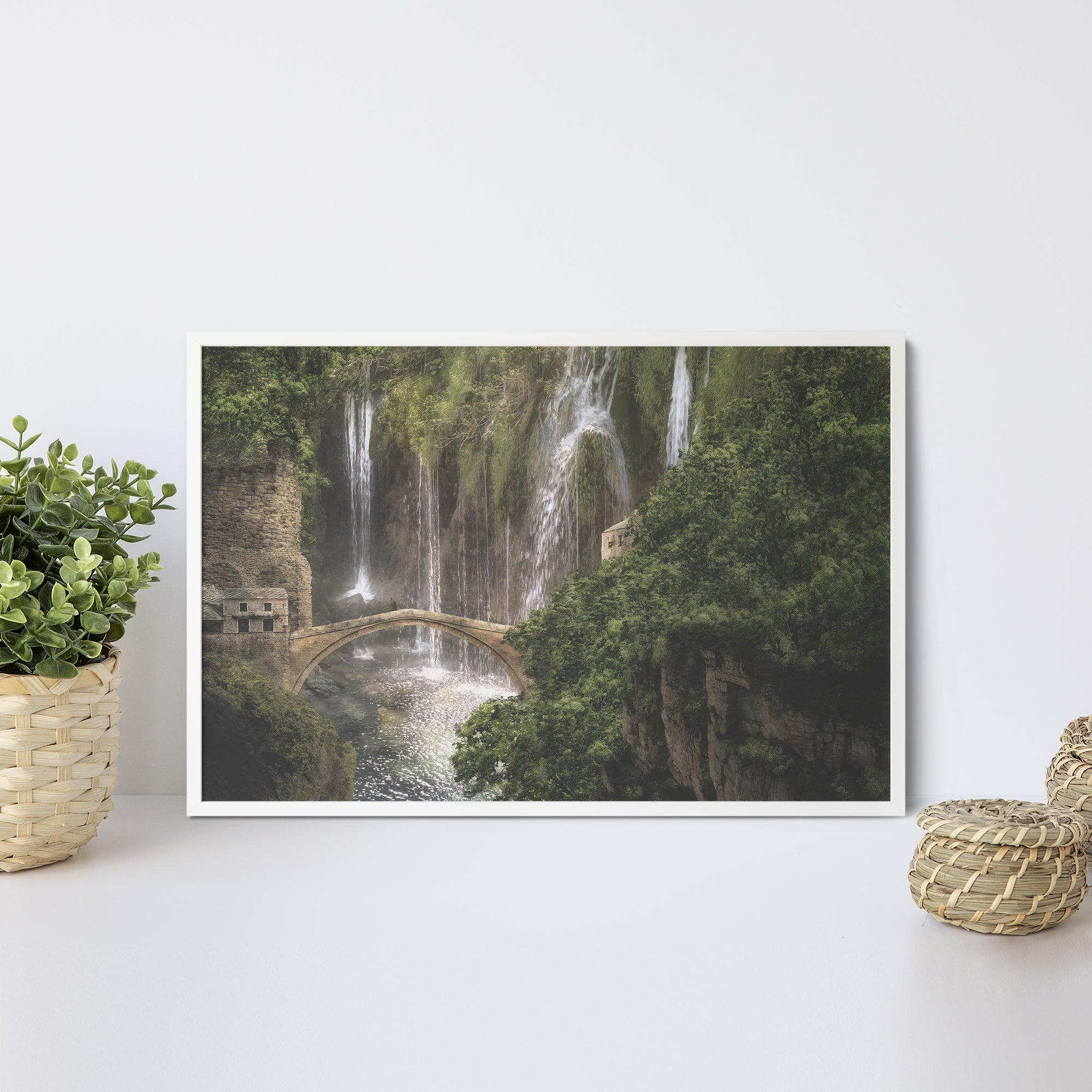 Foto obraz w ramie - Widok, most i wodospady (stonowany) - Gallart.pl