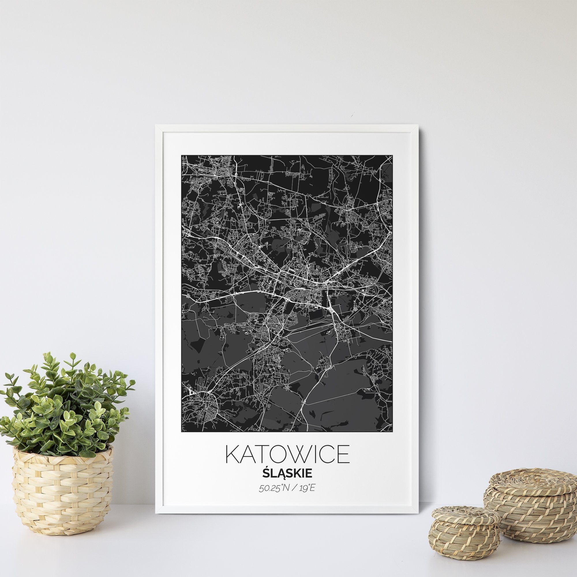 Mapa Miasta Katowice W Ramie (Biało-Czarna) - Gallart.pl