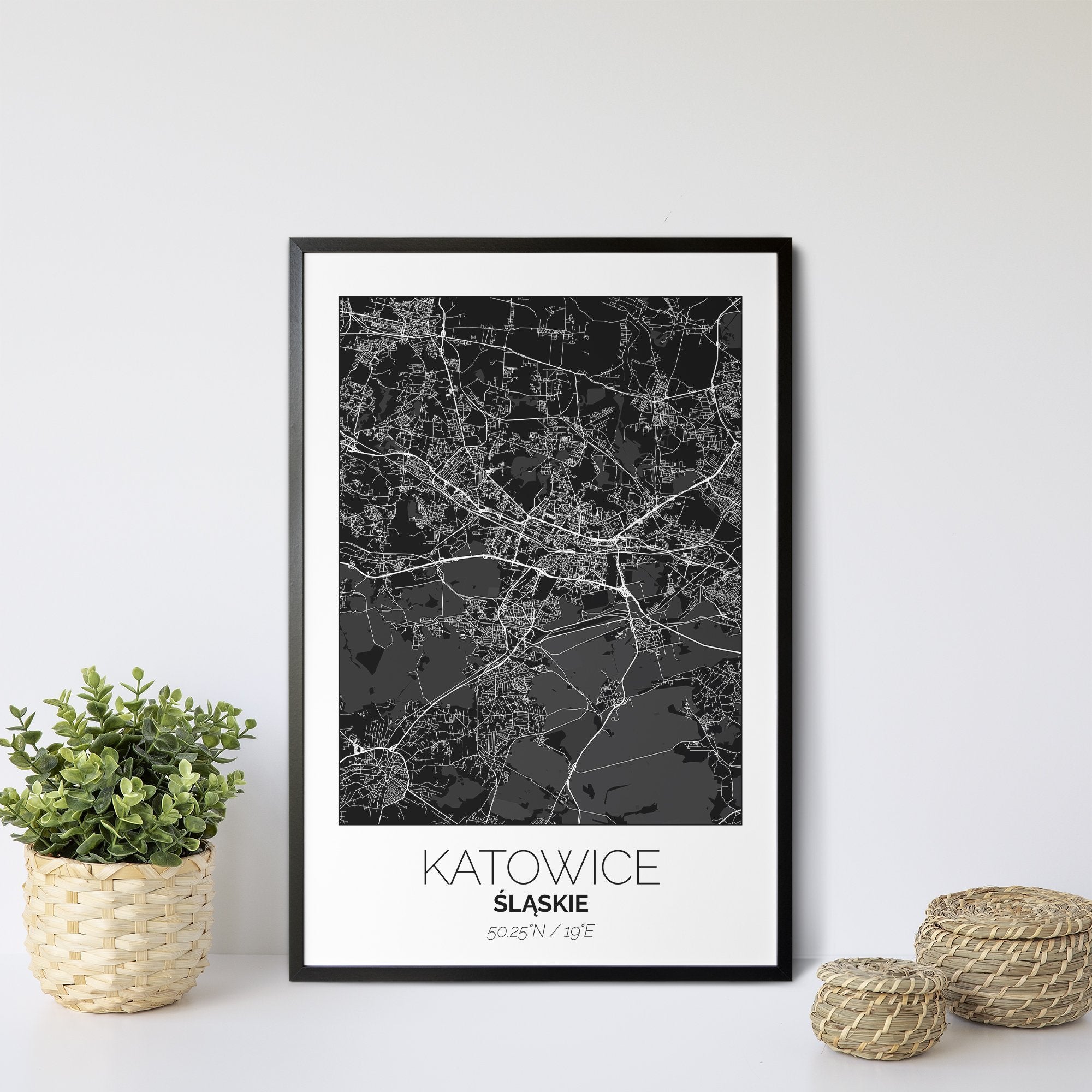 Mapa Miasta Katowice W Ramie (Biało-Czarna) - Gallart.pl